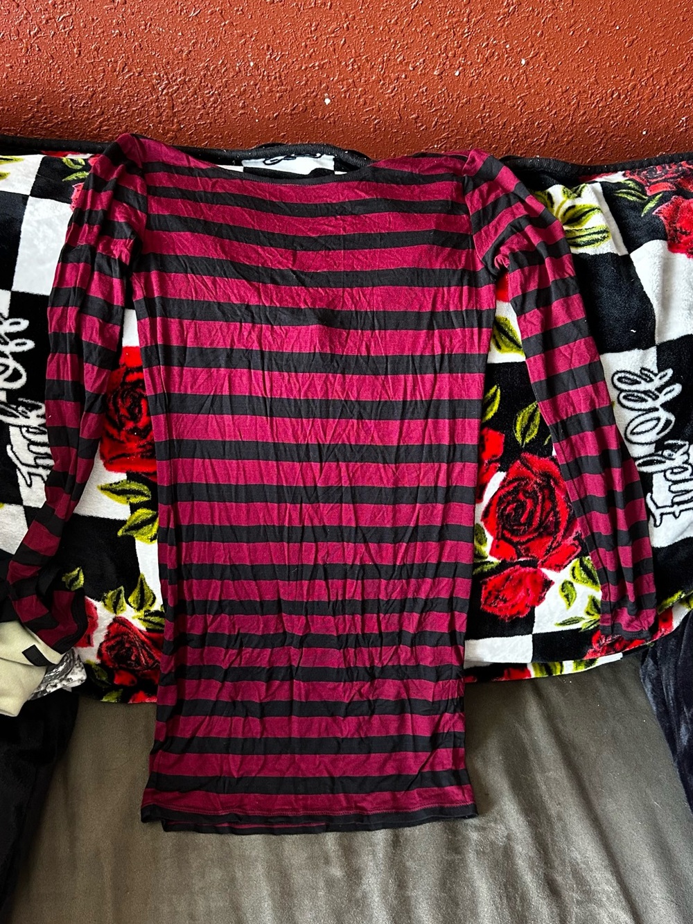 Women's Long Sleeve Striped mini dress in Burgundy and Black
